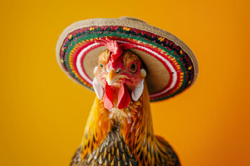 Sticker - a cute chicken cockrel dressed in mexican sombrero hat and clothing studio shot