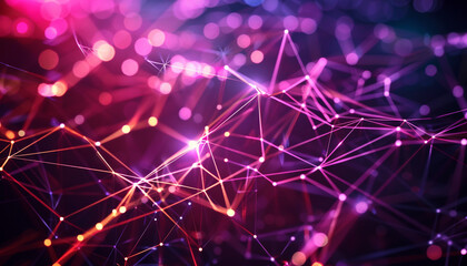 Wall Mural - Abstract network visualization with pulsating nodes and interconnected lines in vibrant colors, in a 7:4 format.