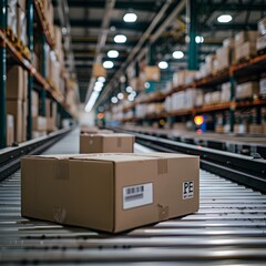 Poster - Cardboard Boxes on Conveyor Belt in Distribution Warehouse Showcasing Modern E commerce Logistics