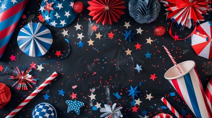 Wall Mural - Festive, patriotic table decor with stars, stripes, and an array of red, blue, and white decorations.