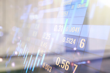 Poster - Double exposure of virtual creative financial diagram on contemporary business center exterior background, banking and accounting concept