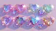 Collection of heart and gem holographic decorations, packed and isolated on a background in a 3D rendering.