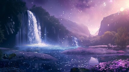 Wall Mural - Breathtaking mystical scenery featuring a crystal waterfall and a vibrant purple forest amidst cosmic space.