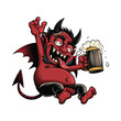 Drinking devil. Vector illustration in engraving technique of drunk red devil holding beer.