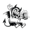 Drinking devil. Vector illustration in engraving technique of drunk devil holding beer.