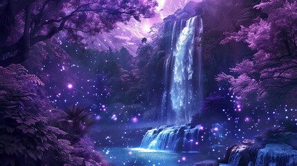 Wall Mural - Breathtaking mystical scenery featuring a crystal waterfall and a vibrant purple forest amidst cosmic space.