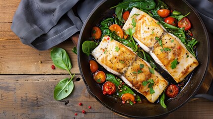 Sticker - Delicious pan-seared cod fish fillets served with cherry tomatoes, spinach, and fresh herbs.