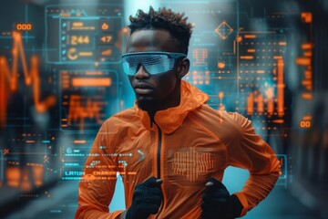 Urban athlete exploring the city with smart glasses, showcasing the blend of technology and active lifestyle, concept of futuristic urban fitness