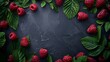 Fresh raspberries and green leaves artistically arranged on a textured dark background.