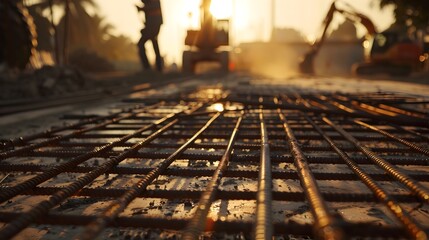 Intricate Steel Grid of Interconnected Structures in Warm Sunset Light