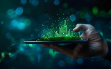 Wall Mural - A human hand holding an empty tablet on which the stock market chart is glowing, minimalistic style, dark blue background, green elements of growth and success in business concept