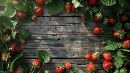 Sticker - Fresh ripe strawberries scattered on a rustic wooden background with lush green leaves.