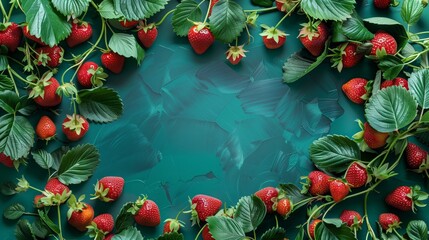 Poster - Fresh red strawberries with green leaves spread on a teal textured background with ample copy space.