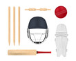 Cricket equipment professional sport game playing leisure activity set realistic vector illustration