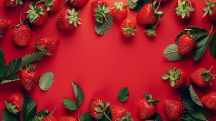 Wall Mural - Fresh strawberries with leaves scattered on a vibrant red background with ample copy space.