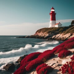 Wall Mural - Landscape of a red and white Lighthouse on the coast full of beauties in the evening