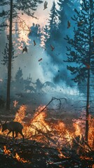 Poster - Wildfire engulfs forest, animals flee amidst smoke. Climate change impact