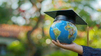 Wall Mural - Hands Holding Globe with Graduation Cap Symbolizing Global Education and Opportunities
