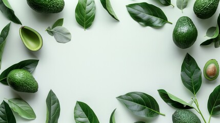 Wall Mural - Fresh avocados and assorted leaves artfully arranged on a light background with central copy space.