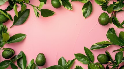 Wall Mural - Fresh green avocados with leaves scattered on a bright pink background, ideal for food themes.