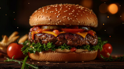 Wall Mural - burger with a thick grilled beef patty, melted cheese, bright green lettuce leaves, and thinly sliced tomatoes and red onions. food photography with restaurant lighting background