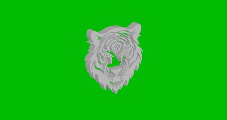 Poster - Animation of rotation of a white tiger head symbol with shadow. Simple and complex rotation. Seamless looped 4k animation on green chroma key background
