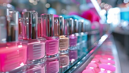 Aufkleber - This Assorted nail polish bottles neatly lined up on a shelf. Row of Nail Polish Bottles on Shelf