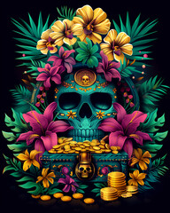 Wall Mural - A skull is surrounded by flowers and gold coins