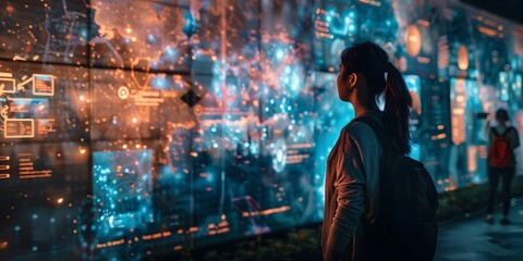 Poster - Futuristic City Skyline at Night with Interactive Technology Displays Educating About Environmental Concerns