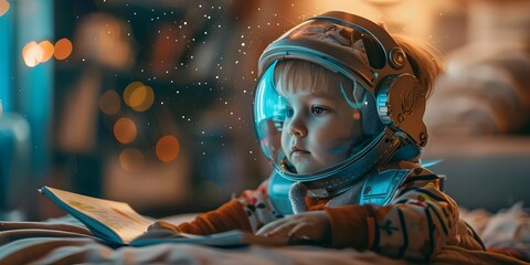 Wall Mural - curious young astronaut exploring future technologies with digital book in futuristic night setting