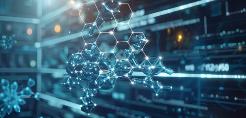 Wall Mural - Extended digital hologram display, illustrating complex molecular structures in a scientific simulation in 21:10.