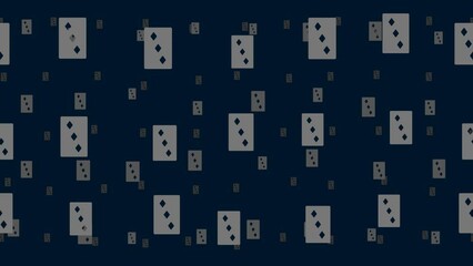 Poster - Three of diamonds playing cards float horizontally from left to right. Parallax fly effect. Floating symbols are located randomly. Seamless looped 4k animation on dark blue background