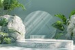 White marble podium with round backdrop and sunlight and shadow on the wall with green leaves and rocks