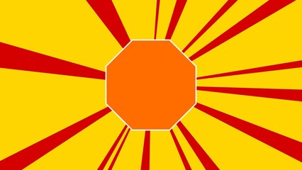 Poster - Octagon symbol on the background of animation from moving rays of the sun. Large orange symbol increases slightly. Seamless looped 4k animation on yellow background