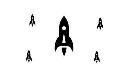 Poster - Zoom in and out animation the rocket symbol. Large black symbol in the center and four small symbols around. Seamless looped 4k animation on white background