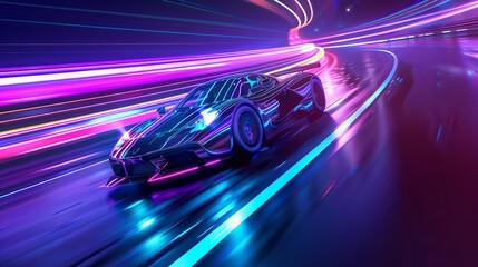 Wall Mural - illustration of a futuristic sports car speeding on a neon highway at night, showcasing powerful acc