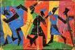 A colorful abstract painting of five figures dancing