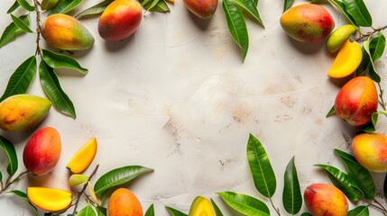 Canvas Print - Vibrant arrangement of fresh mangoes with green leaves on a textured white background, ideal for healthy eating themes.