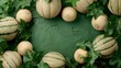 Various fresh melons and ivy leaves arranged artistically on a textured green background.