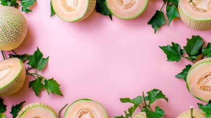 Sticker - Vibrant flat lay of whole and halved melons with green leaves on a pink background.