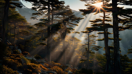 Wall Mural - Sunlight Filters Through Trees in the Mountains