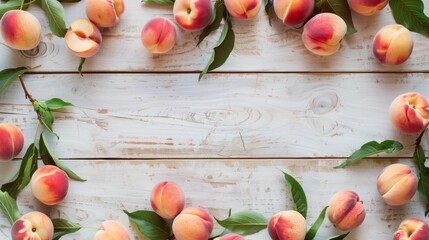 Wall Mural - Fresh ripe peaches with leaves spread over a rustic white wooden background.