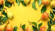 Vibrant top view of fresh pears surrounded by green leaves on a bright yellow background, offering ample copy space.