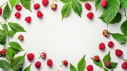 Wall Mural - Fresh raspberries and leaves arranged in a circular frame on a white background with copy space.