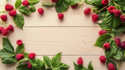 Sticker - Fresh raspberries and green leaves artfully arranged on a light wooden background with copy space.