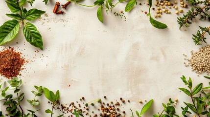 Canvas Print - Elegant top view of various fresh herbs and spices scattered on a textured light background.