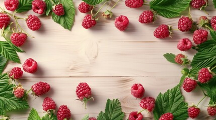 Canvas Print - Fresh raspberries with green leaves arranged neatly on a wooden background, offering a natural summery vibe.