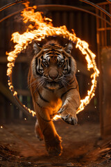 Wall Mural - A scene depicting a tiger leaping through a flaming hoop, with visible weariness in its eyes, confined within a small, barred cage,