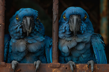 Wall Mural - A detailed image of a pair of Spix's macaws, with a background showing their breeding enclosure designed to encourage natural behaviors.