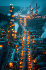 Aufkleber - A depiction of a gas extraction site at dusk, with the lights of the equipment casting long shadows,